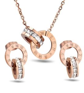 Ensemble de bijoux à la mode, collier et boucles d'oreilles en or rose avec numéro Roma, ensemble en acier inoxydable de haute qualité 32817952383441