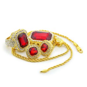 Ensembles de bijoux à la mode pour hommes et femmes, pendentif rubis, boucles d'oreilles colorées, bague plaquée or, ensemble de collier à breloques Hip Hop
