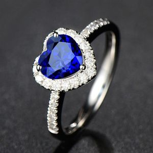 Bijoux fantaisie plaqué argent, bague saphir bleu Royal en forme de cœur, pierre précieuse colorée, 2471