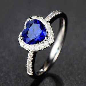 Bijoux fantaisie plaqué argent, bague saphir bleu Royal en forme de cœur, pierres précieuses colorées, 266r