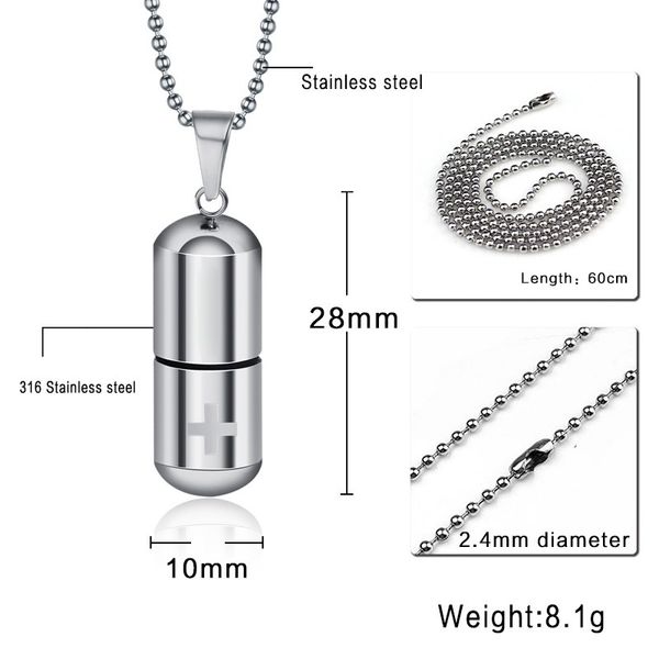 Bijoux à la mode, pilules de personnalité simples, pendentif en acier titane, Capsules en acier inoxydable, collier pendentif 2344