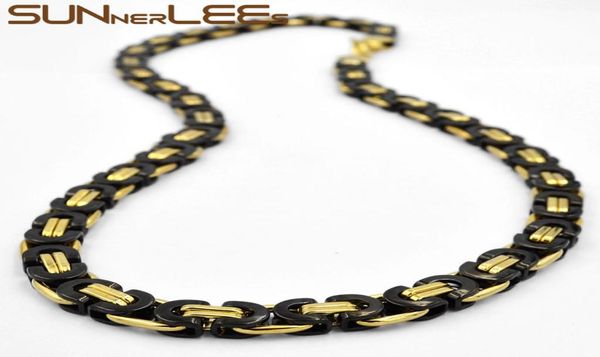 Collier en acier inoxydable pour hommes et femmes, bijoux à la mode, boîte de 6mm, 8mm, 11mm, chaîne à maillons byzantin, couleur noir et or, SC07 N4253276