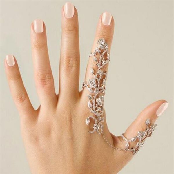 Joyería de moda Vintage oro plata cadena enlace dos anillos de dedo para mujeres doble anillo aleación follaje boda amor Anillos252b