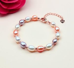 Bijoux de mode femmes dame coeur marque 925 bracelet à breloques 7 MM naturel perle d'eau douce Bracelet blanc rose couleur rose violet