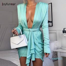mode-Joyfunear Mini Bleu Robe Élégante Femmes Wrap Party Club Robes Bandage Col En V Profond Zipper Sexy Automne Robe Moulante Feeme 2019