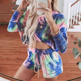 Mode Jumpsuit Bodysuit Vrouwen Tie-Dye Gedrukt Speels Mode Home Casual Shorts Suit Vrouwen Twee Stuk Speelzakken Jumpsuit 210514