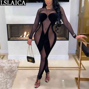 Mode Jumpsuit Patchwork Jumpsuits voor Dames Lange Mouw Skinny Sexy Clubwear Mesh See via Enterizos Para Mujer 210515