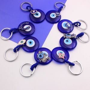 Mode Key Rings -ketens, 4 cm Round Glass Blue Evil Eye Pendant met Horseshoe Elephant Heart Owl Charms Sieradentas Kepers accessoires, Lucky Design Car Keychains
