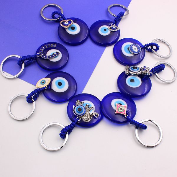 Moda Llaveros Cadenas, 4 cm Redondo Cristal Azul Mal de ojo Colgante con herradura Elefante Corazón Búho Encantos Joyas Bolsa Llaveros Accesorios, Lucky Design Coche Llaveros