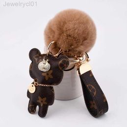 Porte-clés de mode mignon ours imprimé motif PU cuir porte-clés accessoires de voiture porte-clés lanière portefeuille chaîne corde setJWVU