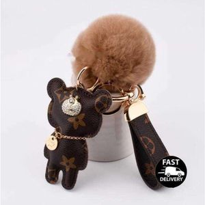 Porte-clés en cuir PU à motif imprimé ours mignon, accessoires de voiture, lanière, portefeuille, chaîne, ensemble de chaînes en corde