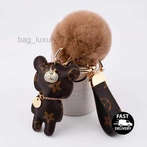 Porte-clés en cuir PU à motif imprimé ours mignon, accessoires de voiture, anneau lanière, portefeuille, ensemble de chaînes en corde