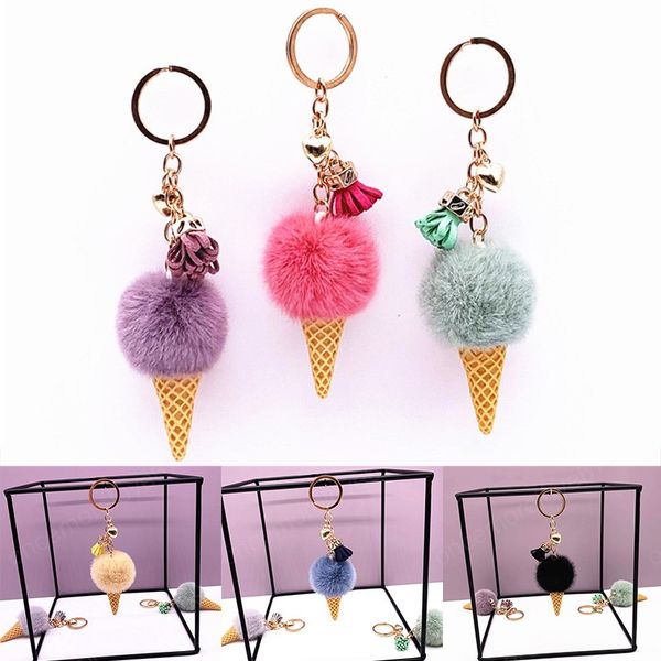 Mode porte-clés boule de fourrure cône de crème glacée multicolore fourrure porte-clés anneau porte-clés Pompon sac à dos femmes sacs à bandoulière pendentif