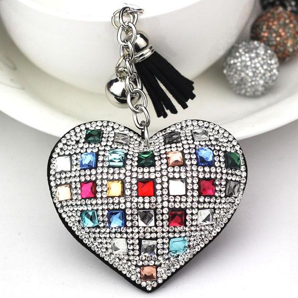 Mode porte-clés en forme de coeur femme pleine perles de verre couvre-clés mosaïque en cuir frangé porte-clés voiture porte-clés porte-bouchon cadeau