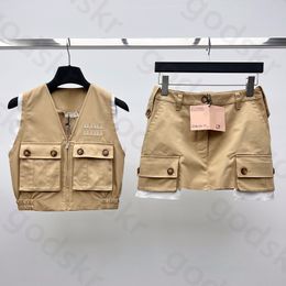 Mode kaki gilet jupe femmes sans manches veste à glissière bouton taille haute paquet hanche jupe 2 pièces ensemble