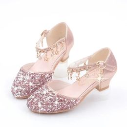 Fashion Kid Leather Shoe Summer Paillin Shoe Crystal Heel Sandals Kidschoenen Meisje Jurken Mary Jane Girl Shoes 240412
