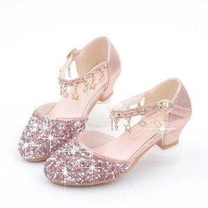 Fashion Kid Leather Shoe Summer Summer Princess Shoe Crystal High Heel Sandals Kid Shoes Girl Robes Mary Jane Girl Shoes 240508