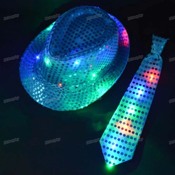 Moda niños adultos LED Light Up Tie Lentejuelas Jazz Fedora Hat Flashing Neon Party Gift Costume Cap Cumpleaños Boda Carnaval Venta al por mayor GG