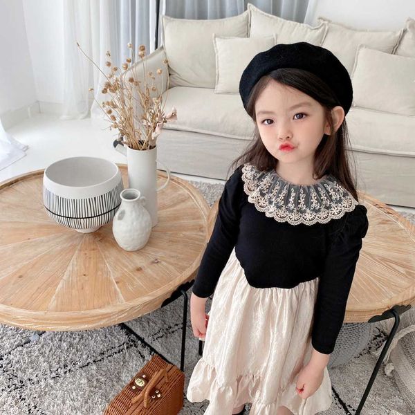 Moda Kids Black Lolita Dress Designer Cuello de encaje Vintage Velvet Ropa de Primavera 210529