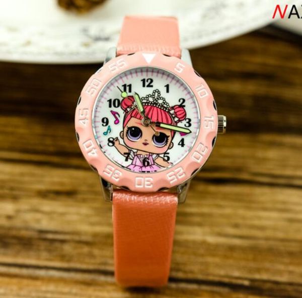 Reloj de dibujos animados para niños a la moda, relojes bonitos LOL para niñas, reloj de pulsera con correa de cuero para niños y niñas, reloj de caramelo rosa