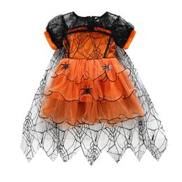 Mode Kinder Mädchen Kleider Hexe Spitze Prinzessin Kleid Halloween Kürbis Party Kostüm Kleid Spinnennetz Gaze Outfits 20220905 E3