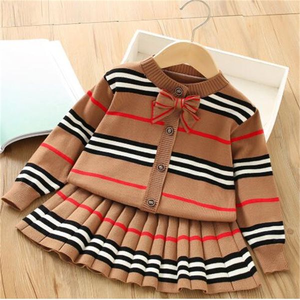 Mode Enfants Filles Vêtements Ensemble Fille Bébé Rayé Cardigan Arc Pull Manteau Veste Jupe Plissée Deux Pièces Costume Hiver Enfants Vêtements