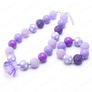 Mode Enfants Filles Violet Perles Collier Bracelets Ensemble Pour Bébé Infantile Enfant Bubblegum Perles Chunky Bijoux Ensemble