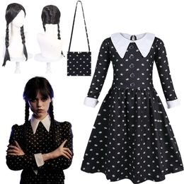 Moda Niños Película Miércoles Addams Cosplay Princesa Vestido y Peluca Bolsa Conjunto Niña Disfraz de Halloween Carnaval Gótico Negro Ropacosplay