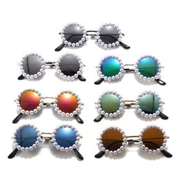 Lunettes de soleil à la mode pour enfants avec perles collantes, monture ronde, ornées de perles blanches, jolies lunettes de soleil UV400 avec 7 couleurs, vente en gros
