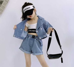 Conjunto de ropa vaquera de verano a la moda para niños 2021, Tops de manga corta + Pantalones cortos, conjuntos de ropa vaquera de 2 piezas para niñas, conjuntos de chándal para niños X0902