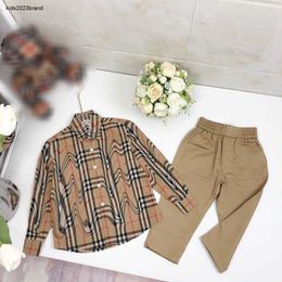 Chándales de moda para niños, conjunto de camisa de manga larga para niño, talla 100-150 CM, 2 uds., camisa y pantalones con solapa a rayas cruzadas, Sep25