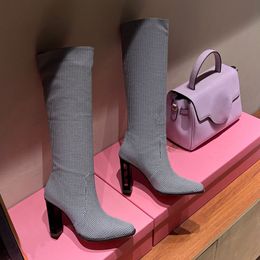 Mode genou bottes designer de luxe dernière Calico couleurs mélangées bottillon talon épais orteils carrés femmes chaussures 9CM botte à talons hauts