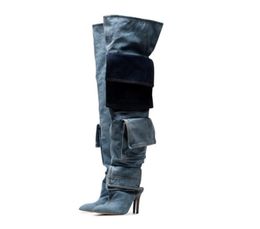 Mode genou haute jeans bottes bouts pointus chaussures en denim pour les femmes poche sans lacet talon mince moderne piste banquet longues chaussures bota2625846