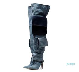 Fashion Knee High Jeans Bottes pointues Toes Chaussures en jean pour femmes Slip de poche sur le talon mince Banquet de chaussures longues Botas Femin3607315