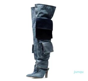 Mode Knie High Jeans Boots puntige tenen denim schoenen voor dames pocket slip op dunne hak runway banket lange schoenen bota's femin3766175