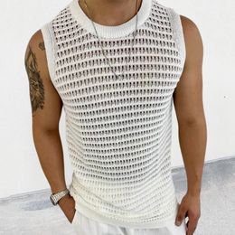 Mode tricot débardeurs hommes Streetwear été loisirs évider tricot Camisole sans manches col rond solide hommes gilet Vintage 240321