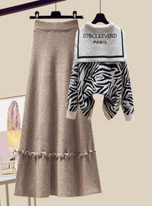 Fashion breier twee stukken ontweken zebra print tops pullover knie jurk casual slijtage veelzijdige zachte trui herfst winter5752949