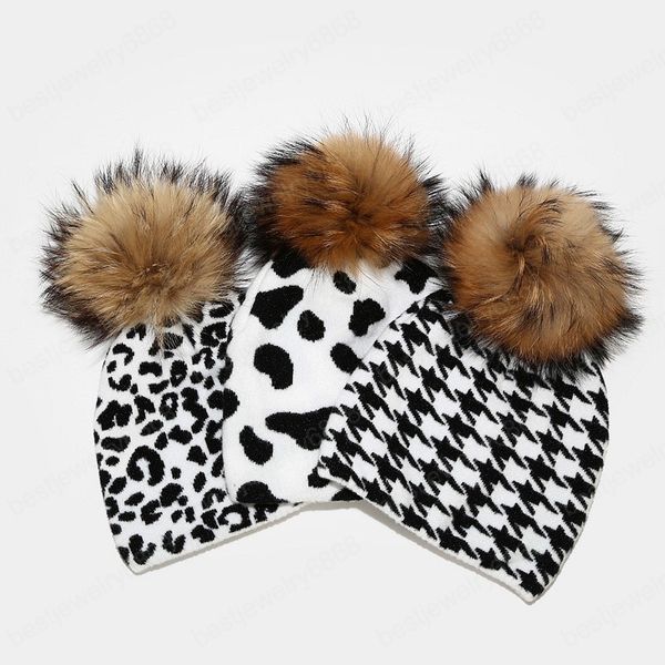 Gorros tejidos a la moda para mujer, gorro con estampado de vaca de cebra y leopardo a cuadros, gorro con pompón de piel de mapache Real cálido para exteriores para invierno