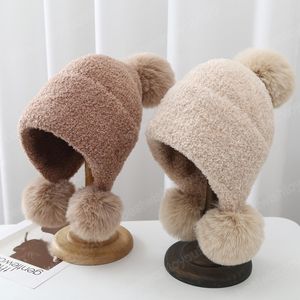 Boné de malha moderno, gorro de pele sintética, pompom, feminino, outono, inverno, quente, protetor de ouvido, chapéu de lã, à prova de vento, feminino, protetor de orelha