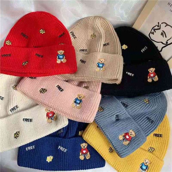 Mode tricoté mignon ours chapeaux broderie lettre bonnets pour femme casquette hiver sans bride Baggy Melon marin chapeau femme bonnet