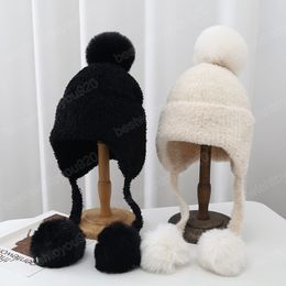 Mode gebreide hoed faux bont pompom motorkap cap winddicht dames dame oorklappet vrouwelijke winter warme oorbescherming wollen hoeden