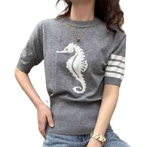 Mode gebreide t-shirt ronde hals korte mouwen losse gedrukte T-shirt All-match blouse dames trui 210520