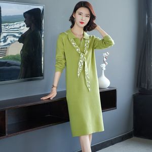 Mode Korea Stijl Winter Kleding Patchwork Gebreide Casual Trui Jurk Turn-Down Collar Jurk Dames Kantoor Lady Vestidos