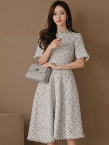 Fashion Koreaanse Elegante Midi Tweed Jurk Vrouwen Luxe Chic Casual Plaid Slim Gown Robe Femme Dames Vrouwelijke Mujer Party vestidos