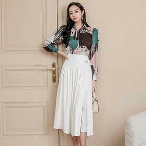 Mode Koreaanse Office OL Twee Stuk Set Herfst Dames Turn-Down Print Shirt Top + Hoge Taille Split White Skirt Suit 210529