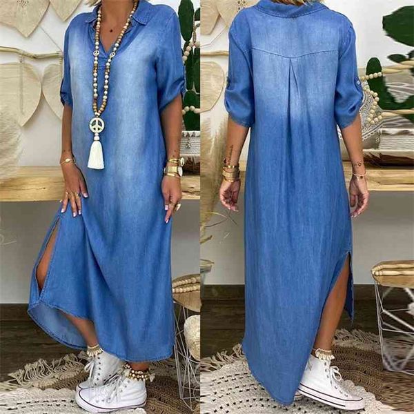 Mode coréenne grande taille robe en jean pour femmes robe d'été revers fendu Sexy longue Maxi robe en jean 3XL Vestidos 210331