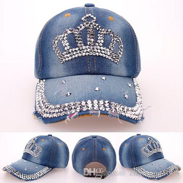 Moda coreana Rhinestone Bling Crown Caps Ajustable lavado Denim Gorras de béisbol Mujeres Sombreros de vaquero Fancy Summer Headwear Ladies Sun Visor