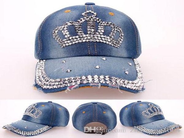 Moda Coreana Rhinestone Bling Crown Caps Ajustable Lavado Denim Gorras de Béisbol Mujeres Sombreros de Vaquero Fancy Summer Headwear Ladies Su5795538