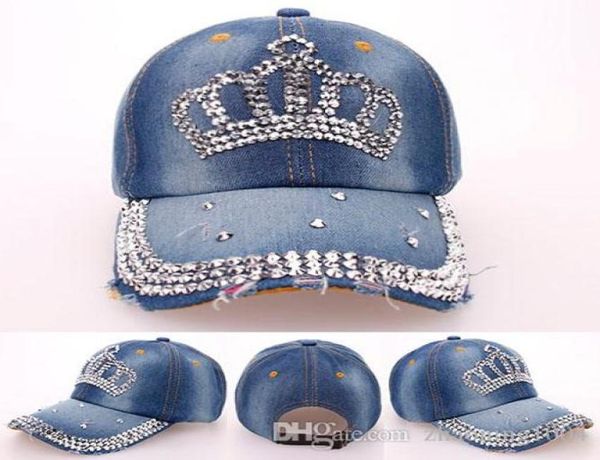 Moda Coreana Rhinestone Bling Crown Caps Ajustable Lavado Denim Gorras de Béisbol Mujeres Sombreros de Vaquero Fancy Summer Headwear Ladies Su1639172