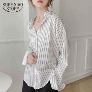 Mode Koreaanse Wit Blouses Dames Casual Gestreepte Losse Plus Szie Office Dame Lange Mouwen Top Cardigan Button Up Shirt 11876 210415